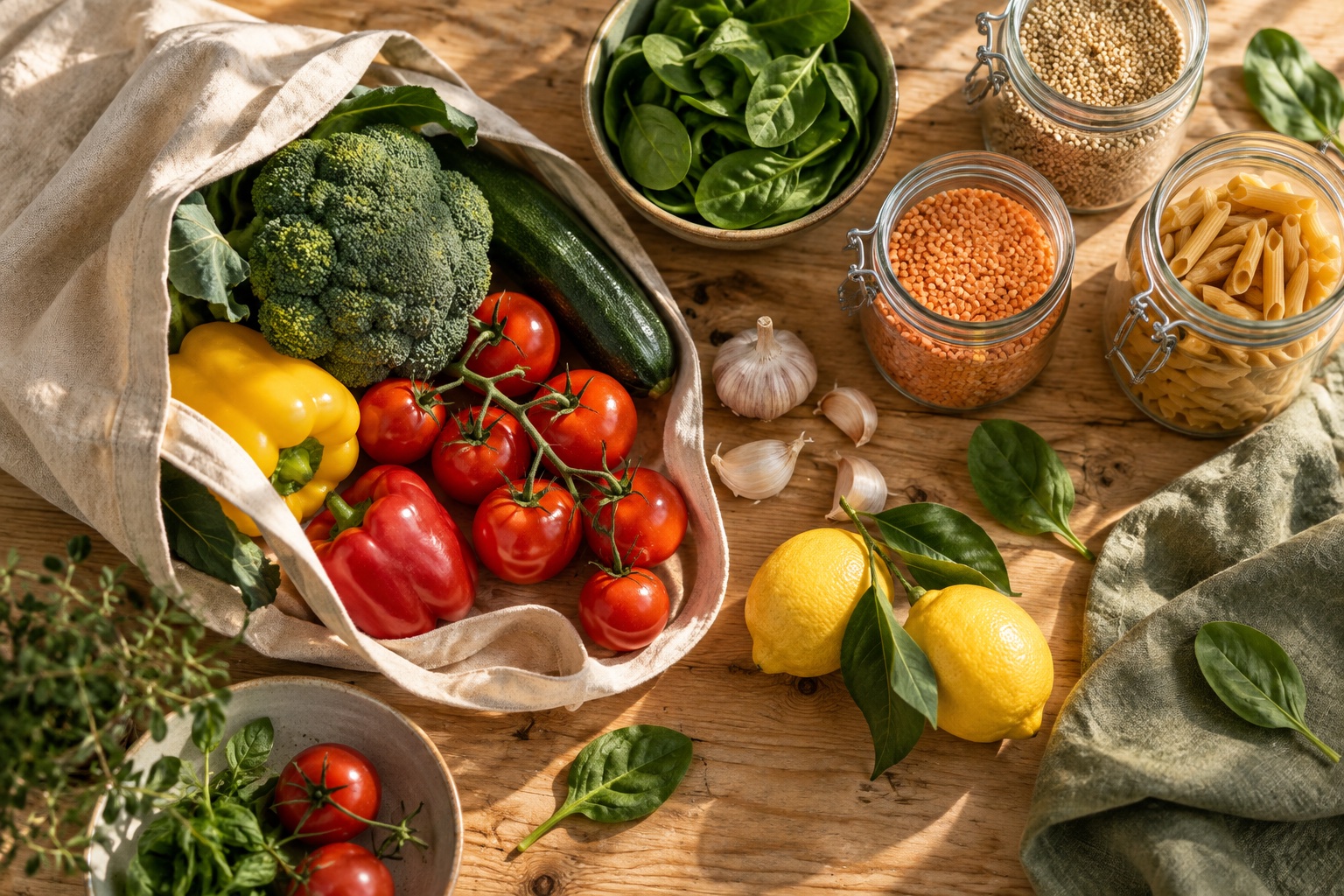 Fresh vegetables, lemons and pantry jars arranged on a warm wooden kitchen table