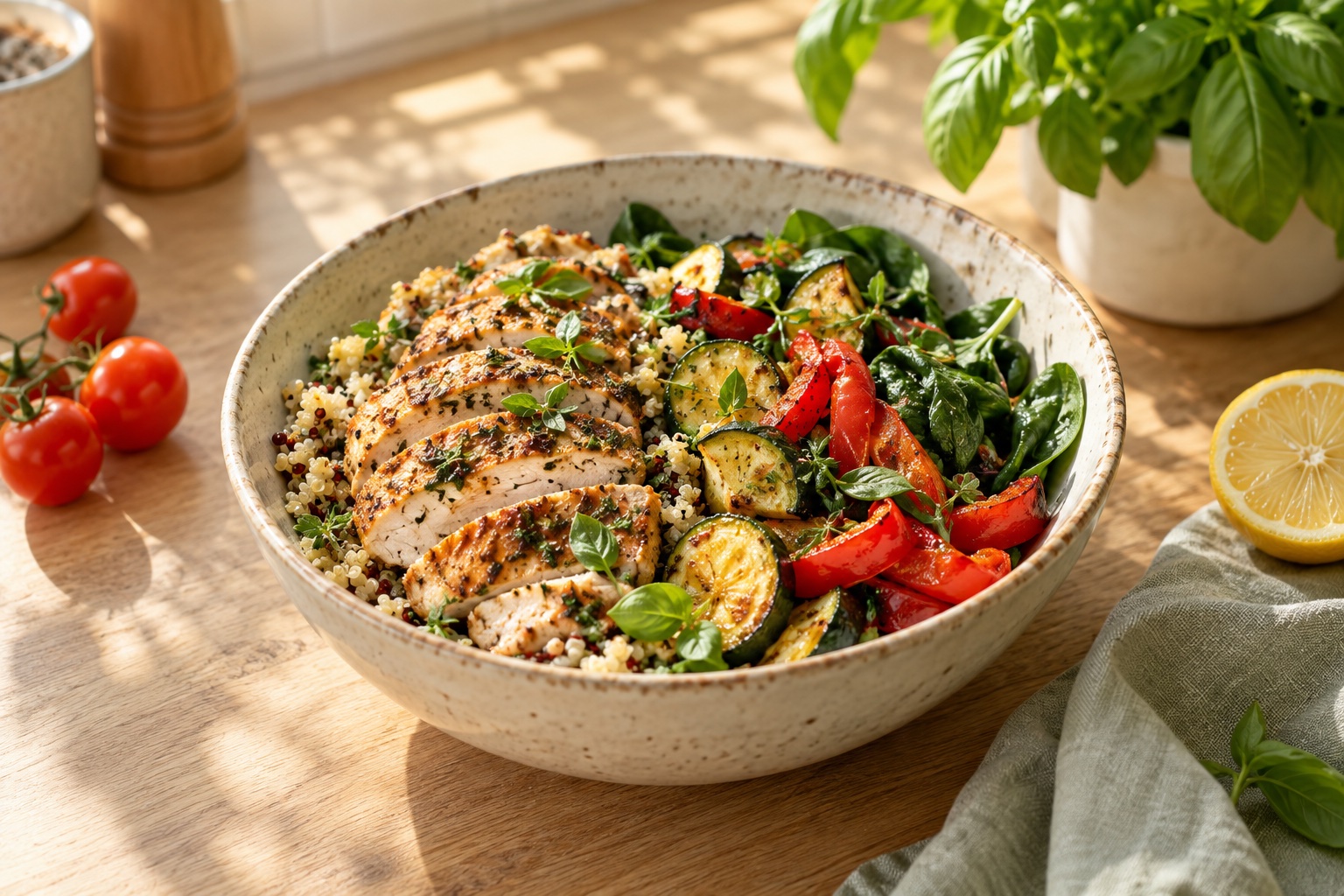 Lemon herb chicken, quinoa and colourful vegetables in a ceramic bowl in a sunlit kitchen